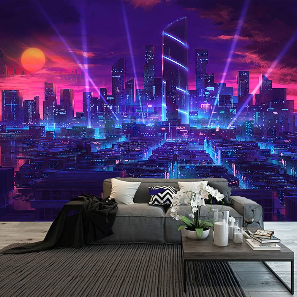 Aidatain Punk Cityscape Tapestry - Large Size 108x90In Purple Blue Neon Street Scene Game Scene Japanese Anime Fantasy Landscape Flannel Tapestry for Bedroom & Living Room