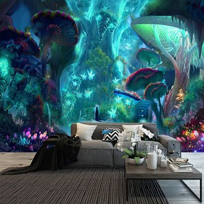 Aidatain Mysterious Mushroom Jungle Tapestry Extra Large 108" 90" Fantasy Firefly Tree Fairytale Game Landscape Aesthetics Wall Hanging Art Flannel Tapestries for Man Bedroom Living Room GTWHAT1264