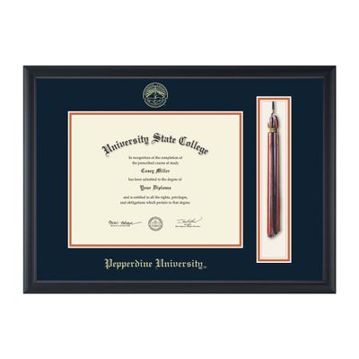 Framerly - Pepperdine University 11" w x 8.5" h Tassel Diploma Frame - Fits a bachelor's and master's - Gold Embossed Tassel & Cord Diploma Frame - Black Moulding with Navy and Orange Matting