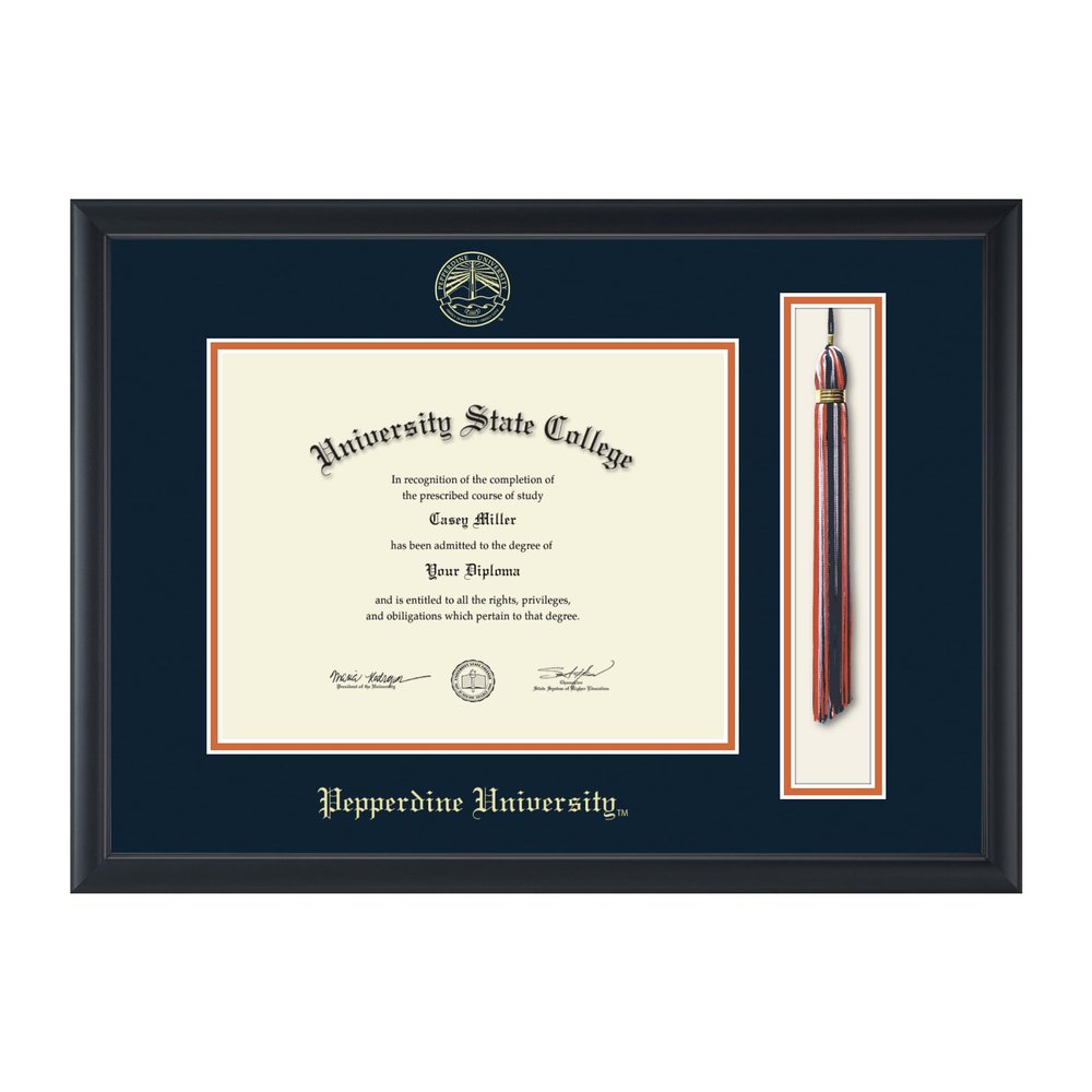 Framerly - Pepperdine University 11" w x 8.5" h Tassel Diploma Frame - Fits a bachelor's and master's - Gold Embossed Tassel & Cord Diploma Frame - Black Moulding with Navy and Orange Matting