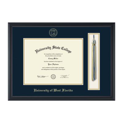 Framerly - University of West Florida 11" w x 8.5" h Tassel Diploma Frame - Fits a bachelor's, master's and phd - Gold Embossed Tassel & Cord Diploma Frame - Black Moulding with Navy and Gold Matting