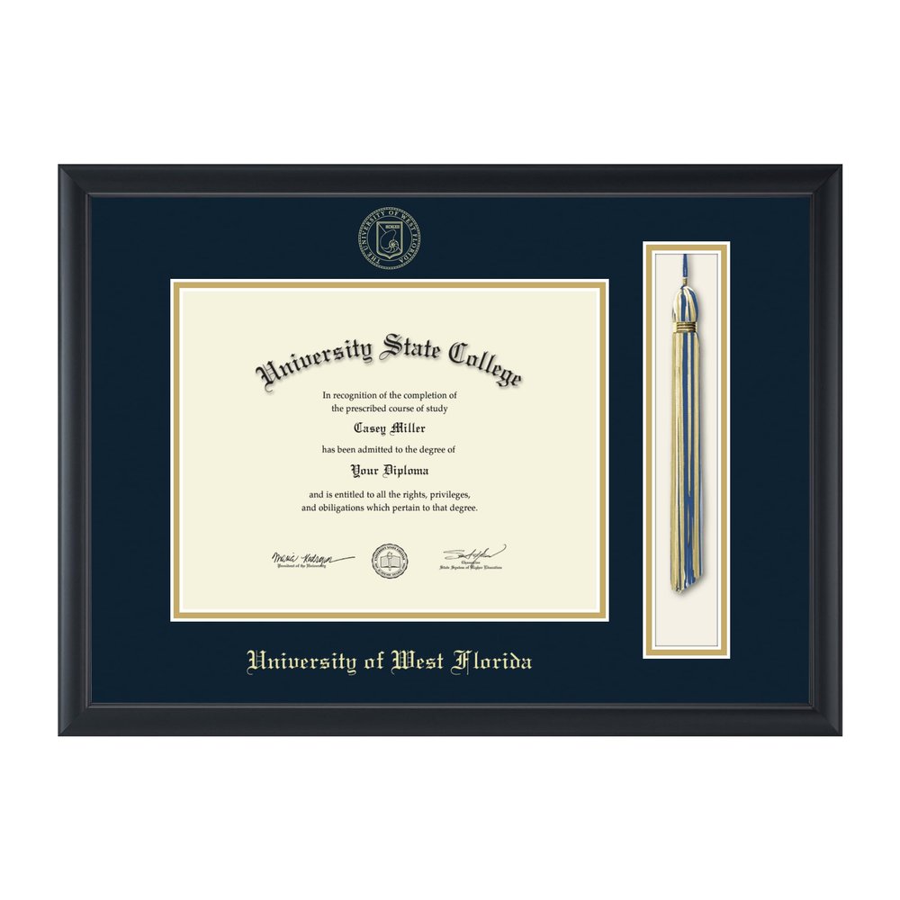 Framerly - University of West Florida 11" w x 8.5" h Tassel Diploma Frame - Fits a bachelor's, master's and phd - Gold Embossed Tassel & Cord Diploma Frame - Black Moulding with Navy and Gold Matting