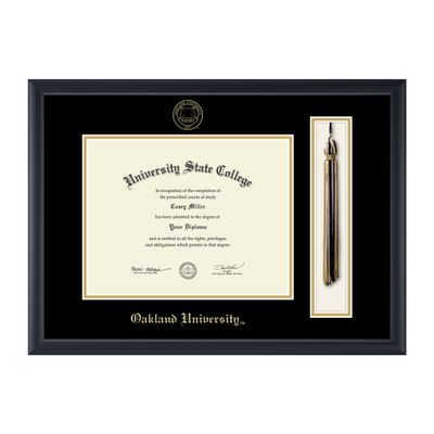 Framerly - Oakland University 11" w x 8.5" h Tassel Diploma Frame - Fits a bachelor's, master's and phd - Gold Embossed Tassel & Cord Diploma Frame - Black Moulding with Black and Gold Matting