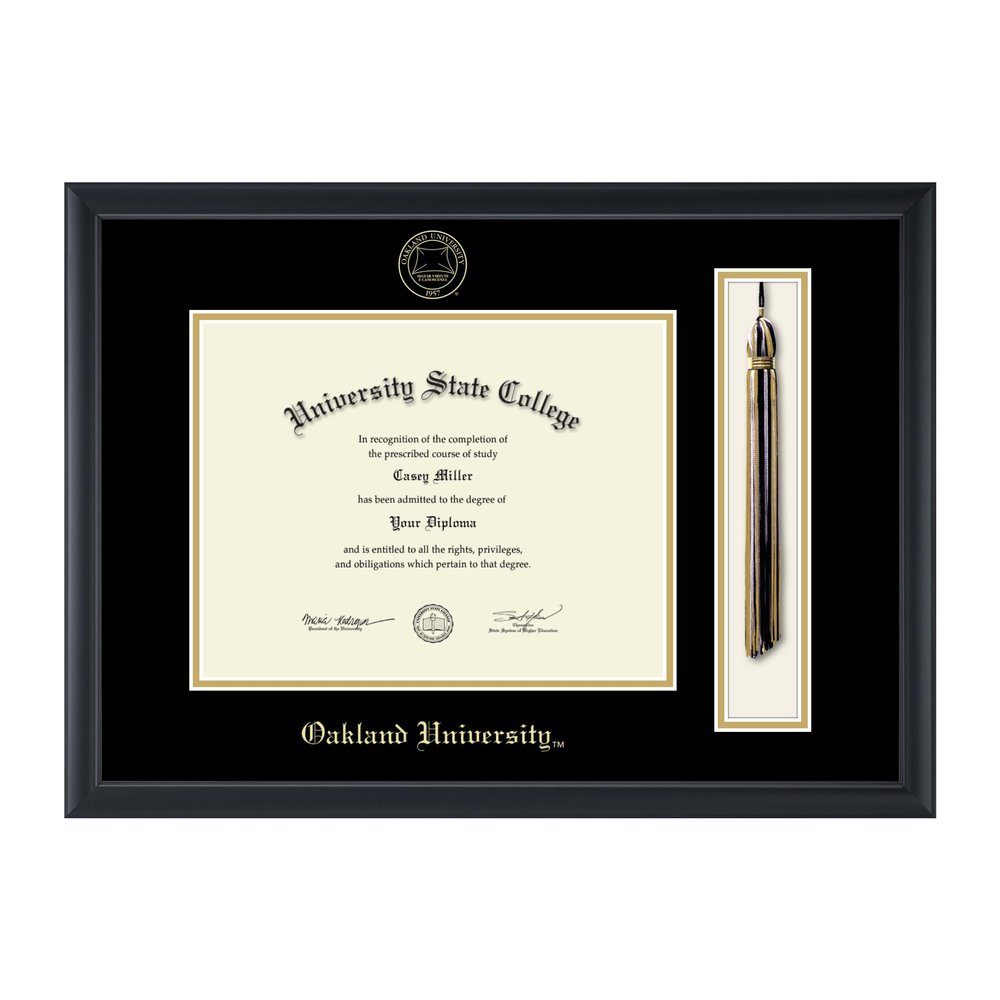 Framerly - Oakland University 11" w x 8.5" h Tassel Diploma Frame - Fits a bachelor's, master's and phd - Gold Embossed Tassel & Cord Diploma Frame - Black Moulding with Black and Gold Matting