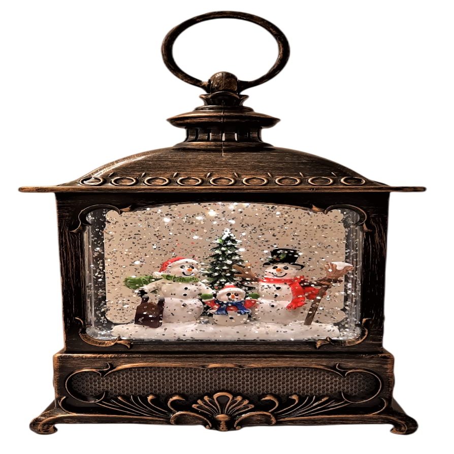 Gerson 10 Inch Lighted Water Lantern Snow Globe w/Continuous Swirling Glitter Snowman Family Scene