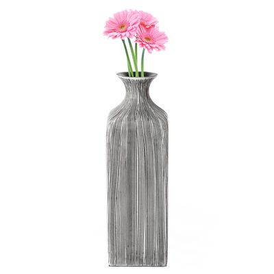 8 inch Tall Grey Striped Square Table Centerpiece Flower Vase Display Modern Home Decor Accent Stylish Elegant Ornamental Accessory Floral Arrangement Holder Living Room Dining Room Kitchen Decoration