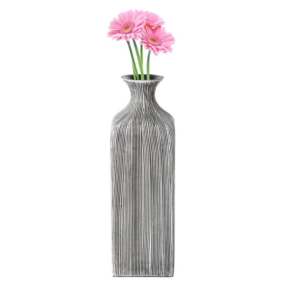 8 inch Tall Grey Striped Square Table Centerpiece Flower Vase Display Modern Home Decor Accent Stylish Elegant Ornamental Accessory Floral Arrangement Holder Living Room Dining Room Kitchen Decoration