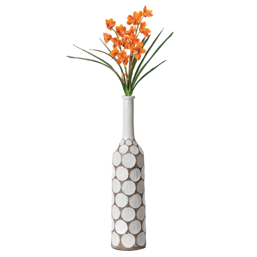 Decorative Contemporary Floor Vase White Carved Divot Bubble Design with Tall Neck, 26 Inch