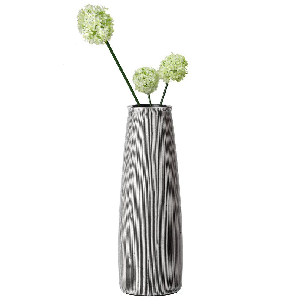 9 inch Tall Grey Striped Round Table Centerpiece Flower Vase Display Modern Home Decor Accent Stylish Elegant Ornamental Accessory Floral Arrangement Holder Living Room Dining Room Kitchen Decoration