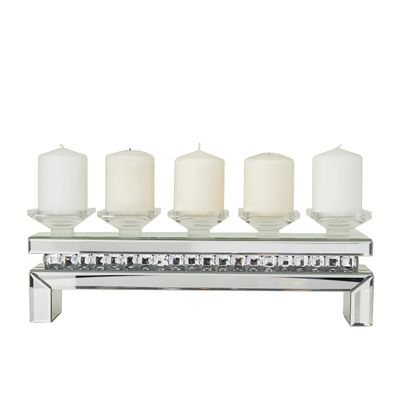 Deco 79 Wood Pillar 5 Plate Candle Holder with Mirrored Accents, 20" x 4" x 7", Silver