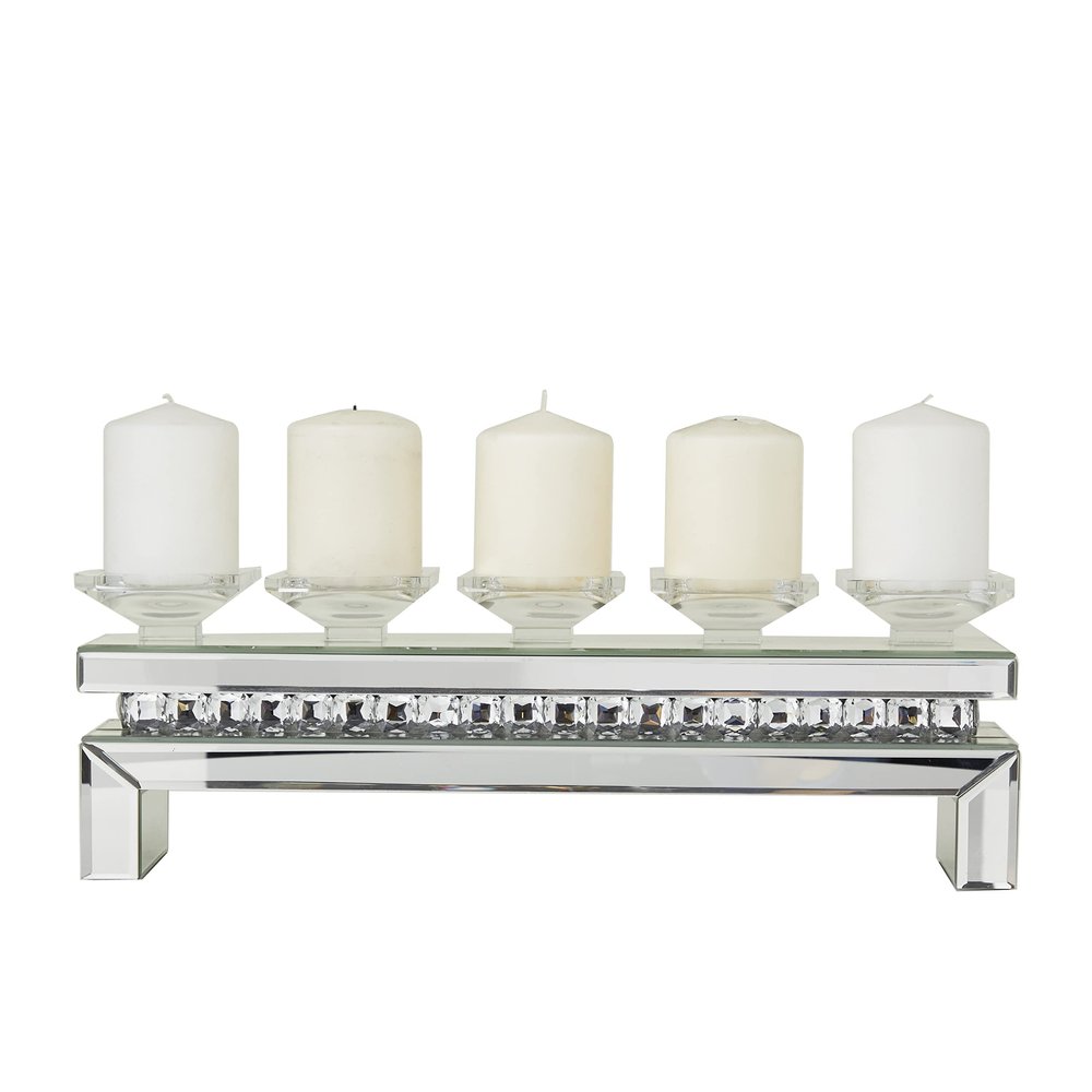 Deco 79 Wood Pillar 5 Plate Candle Holder with Mirrored Accents, 20" x 4" x 7", Silver