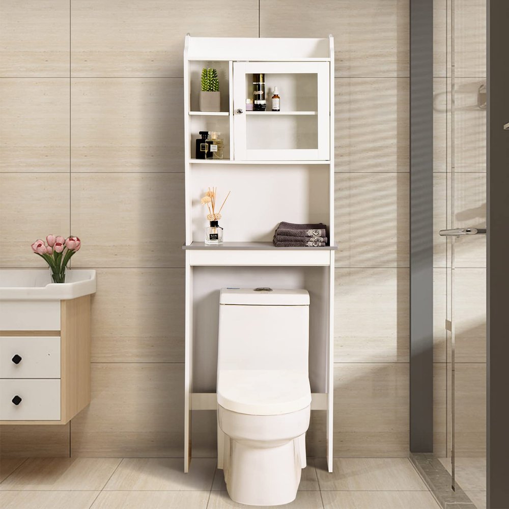 Noskatu Over The Toilet Bathroom Cabinet Free Standing Toilet Rack with Adjustable Shelf Tall Bathroom Cabinet Home Space Saver Furniture White