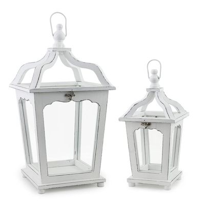 Boston International Distressed White Wood Hanging Lantern/Candle Holders, Set of 2, Valparaiso Villa