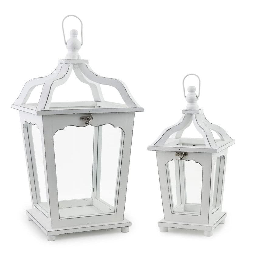 Boston International Distressed White Wood Hanging Lantern/Candle Holders, Set of 2, Valparaiso Villa
