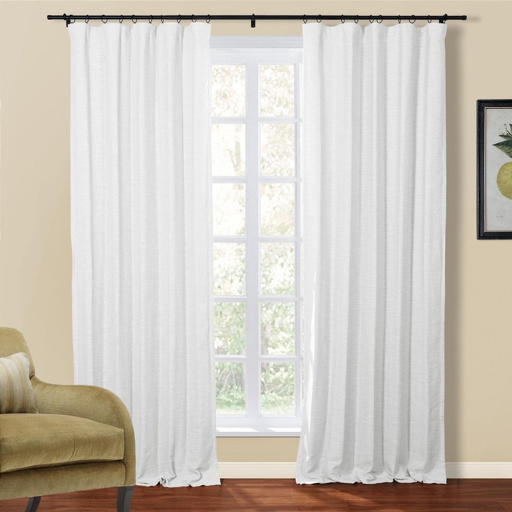 TWOPAGES White Room Darkening Curtain Drape 84 Inches Long, Polyester Linen Window Curtain 4-in-1 Header Rod Pocket Flat Hooks Back Tab Hook Belt for Living Room, 72W x 84L, 1 Panel