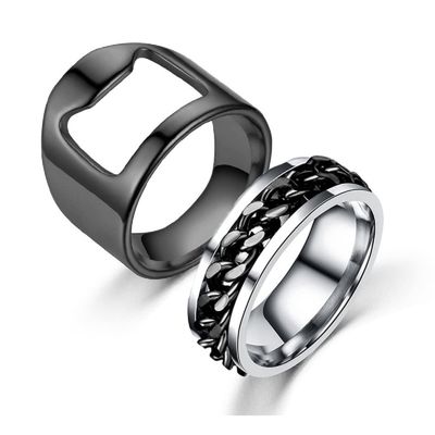 2pcs Stainless Steel Bottle Opener Rings Set Spinner Chain Thumb Beer Bar Opening Ring for Men Women Creative Party Jewelry-Black 8