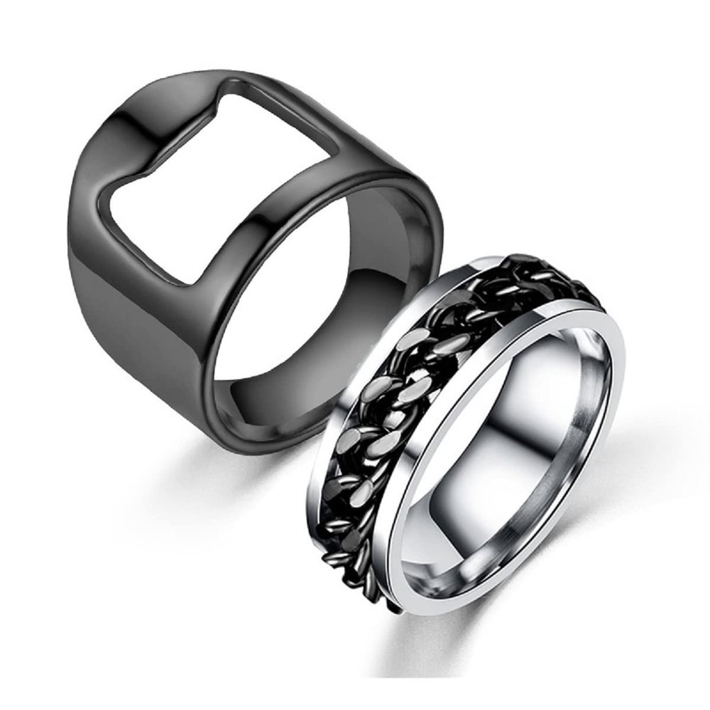 2pcs Stainless Steel Bottle Opener Rings Set Spinner Chain Thumb Beer Bar Opening Ring for Men Women Creative Party Jewelry-Black 8