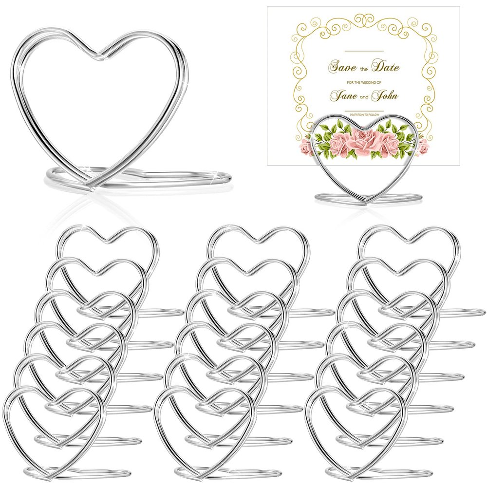Moxweyeni 20 Pcs Heart Table Place Card Holders Table Number Holders Mini Picture Photo Stands Menu Clips for Wedding Party Anniversary Home Office(Silver)