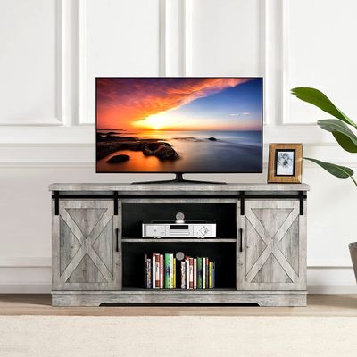 coucheta TV Stand for 65" Television, Modern Farmhouse Sliding Barn Door TV Stand, 58" Entertainment Center TV Console, Home Living Room Storage Table with Movable Shelf