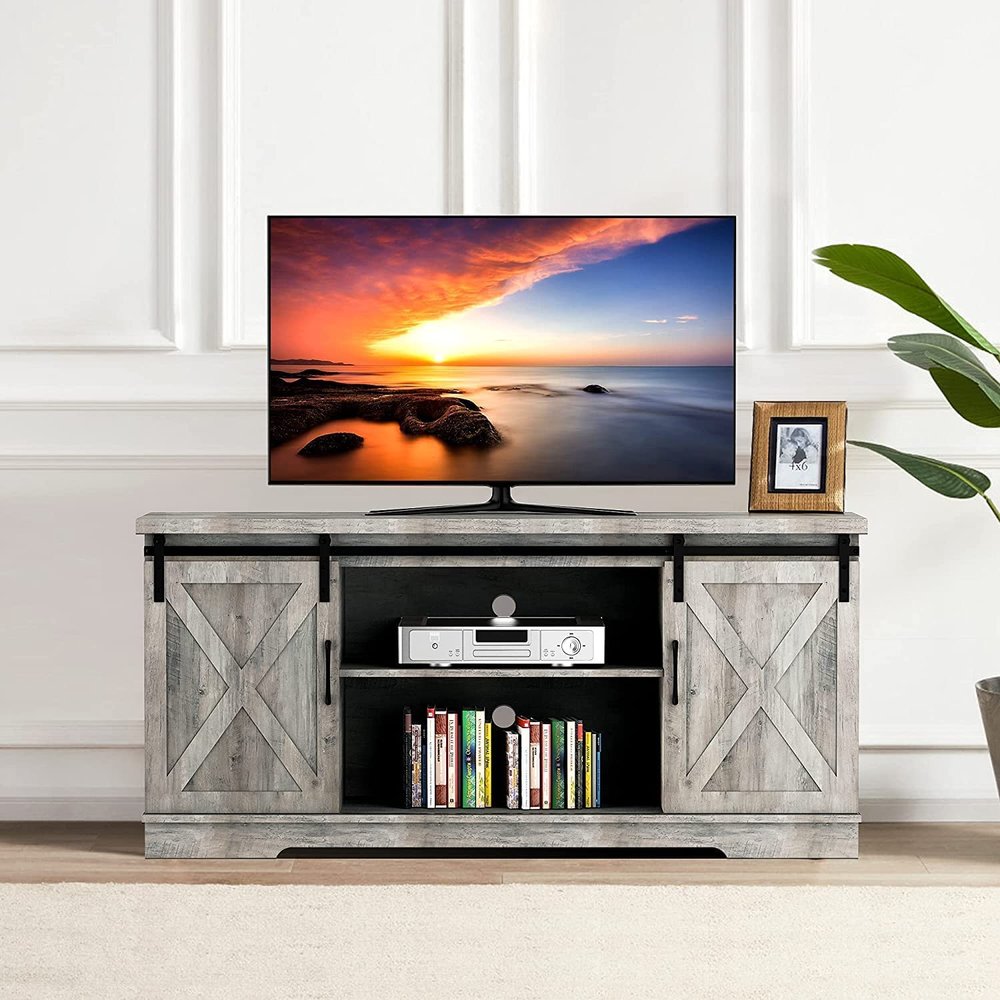 coucheta TV Stand for 65" Television, Modern Farmhouse Sliding Barn Door TV Stand, 58" Entertainment Center TV Console, Home Living Room Storage Table with Movable Shelf