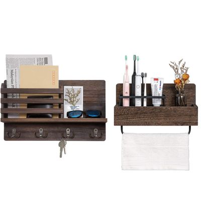 Dahey Wall Mounted Mail Holder Wooden Key Holder Rack Mail Sorter Organizer with 4 Double Key Hooks and Wall Mounted Toothbrush Holder Wooden for Farmhouse Decor