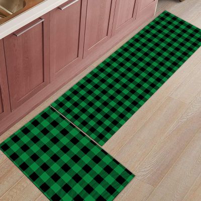 2 Piece Kitchen Rugs and Mats Farm Black and Green Plaid Non Slip Area Runner Rug Indoor Floor Doormat Set Bedroom Living Room Sink Carpet Lumberjack Fashion Buffalo Checkered Home Decor Mats