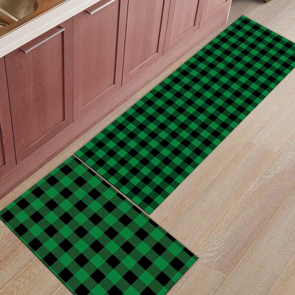 2 Piece Kitchen Rugs and Mats Farm Black and Green Plaid Non Slip Area Runner Rug Indoor Floor Doormat Set Bedroom Living Room Sink Carpet Lumberjack Fashion Buffalo Checkered Home Decor Mats