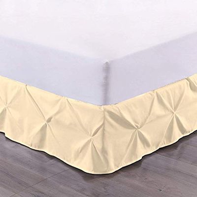 Pinch Pleated/Pintuck Bed Skirt 800 TC Soft Luxury Cotton 1 Piece Pinch Pleat Bed Skirt 12" Drop Split Corner Bed Skirt (Queen Size, Ivory)