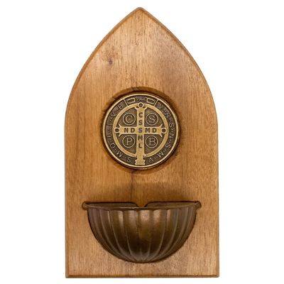 Holy Water Font | Saint Benedict | Our Lady of Grace | Holy Family | Beautiful Wood Base with Bronze-Tone Religious Figures and Holy Water Font | Catholic Home Decor (Saint Benedict)