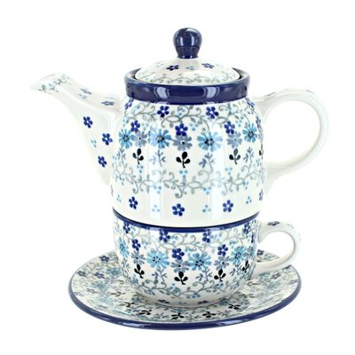 Blue Rose Polish Pottery - Blue Celeste Tea for One - 2 Cup Capacity - Decorative Teapot with Matching Cup, Unique Gift for Tea Lovers and Collectors