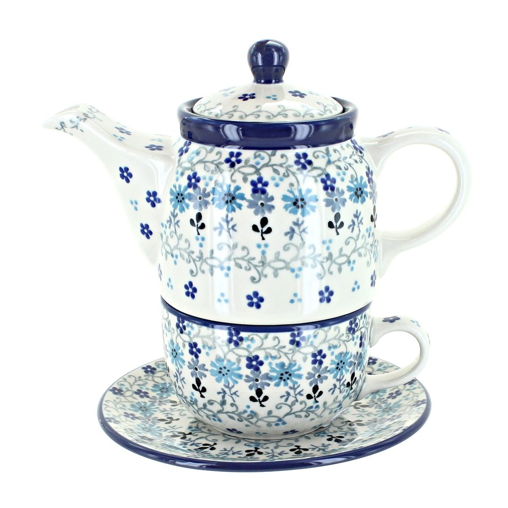 Blue Rose Polish Pottery - Blue Celeste Tea for One - 2 Cup Capacity - Decorative Teapot with Matching Cup, Unique Gift for Tea Lovers and Collectors