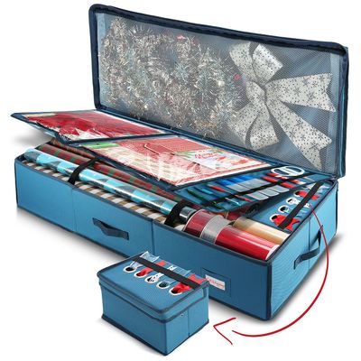 Hearth & Harbor Wrapping Paper Storage Container - Christmas Storage Bag with Ribbon Dispenser and Interior Pockets - Gift Wrap Organizer Fits Up to 26 Rolls of 40" Length, Blue