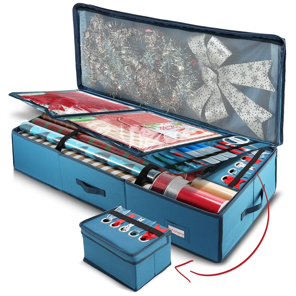 Hearth & Harbor Wrapping Paper Storage Container - Christmas Storage Bag with Ribbon Dispenser and Interior Pockets - Gift Wrap Organizer Fits Up to 26 Rolls of 40" Length, Blue