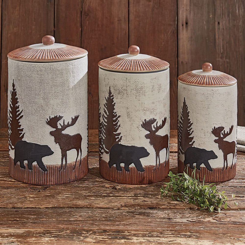 BLACK FOREST DECOR Timberland Moose & Bear Ceramic Canisters (Set of 3)  Rustic Kitchen Storage with Rubber-Sealed Lids, 7.15", 6.15", 5.15" Dia
