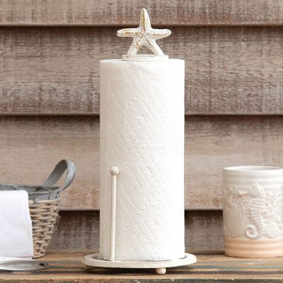 BLACK FOREST DECOR Sanibel Starfish Paper Towel Holder  White Metal Nautical Kitchen Decor, 6.25" Dia. x 15" H