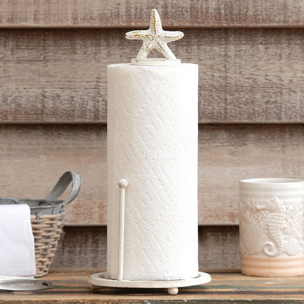 BLACK FOREST DECOR Sanibel Starfish Paper Towel Holder  White Metal Nautical Kitchen Decor, 6.25" Dia. x 15" H