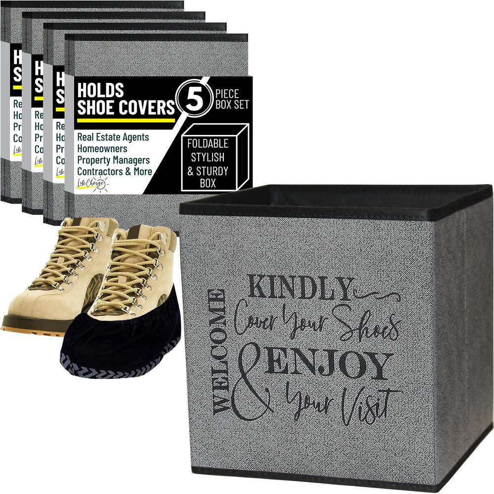 Life Charge Shoe Covers Box - Real Estate Agent Supplies Asking Guests to Please Cover Shoes - Disposable Shoe Bootie Holder For Realtor Listings & Open Houses - Indoor Use | 5 Pack Grey & Black