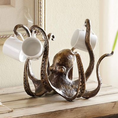 BLACK FOREST DECOR Bella Costal Dcor - Octopus Espresso Cup Holder - Nautical Cast Iron Kitchen Coffee Mug Dcor - 8.5" x 8.5" x 7.5"