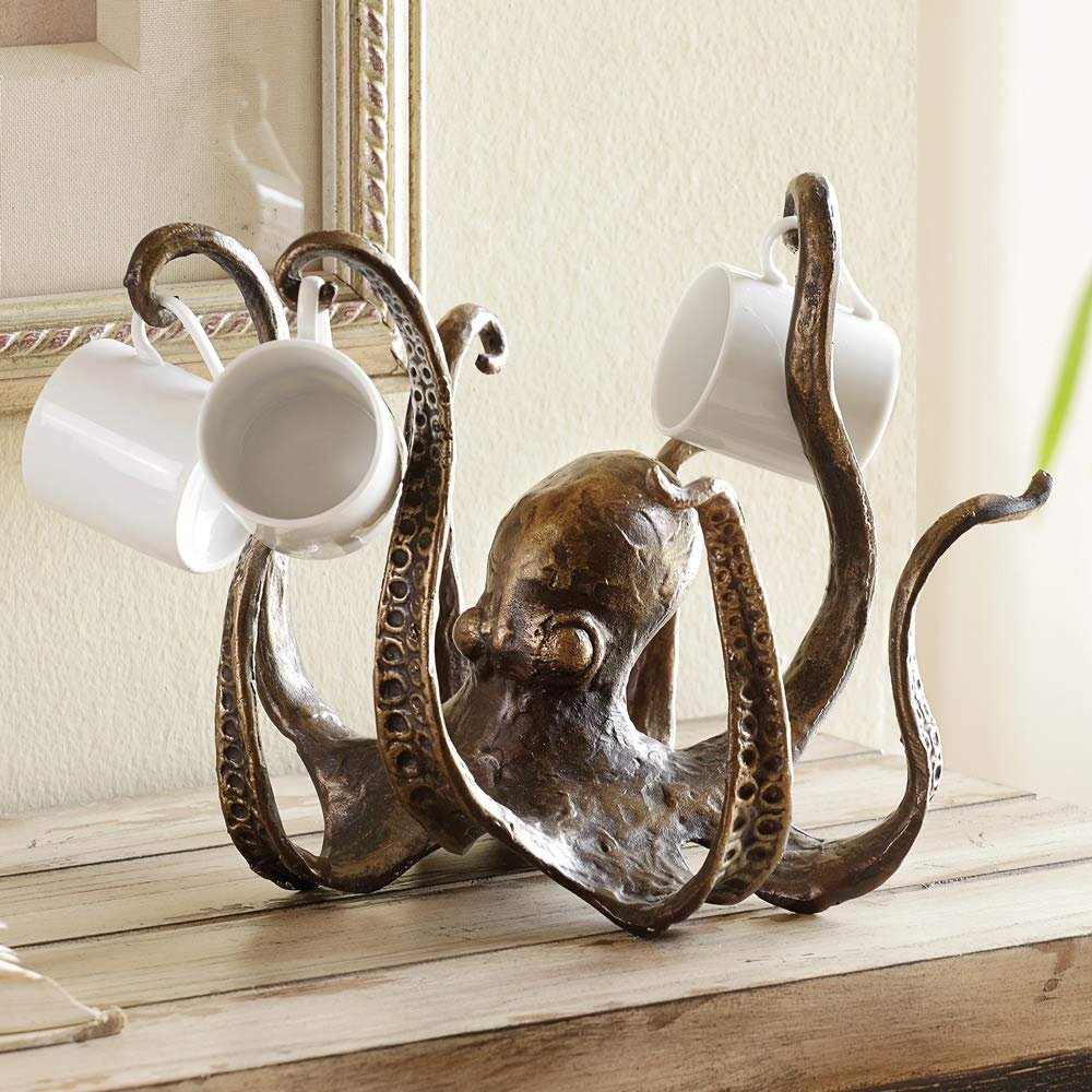 BLACK FOREST DECOR Bella Costal Dcor - Octopus Espresso Cup Holder - Nautical Cast Iron Kitchen Coffee Mug Dcor - 8.5" x 8.5" x 7.5"