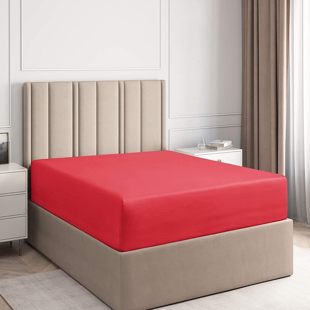 600 Thread Count 100% Egyptian Cotton 3PC Fitted Sheet (1-Fitted Sheet &2-Pillow Cases) Queen Red Solid with Elastic All Around Fits Mattress Upto 12 Inches Deep Pocket