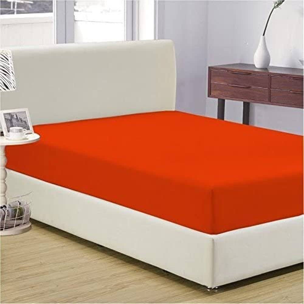600 Thread Count 100% Egyptian Cotton 3PC Fitted Sheet (1-Fitted Sheet &2-Pillow Cases) Short Queen Orange Solid with Elastic All Around Fits Mattress Upto 12 Inches Deep Pocket