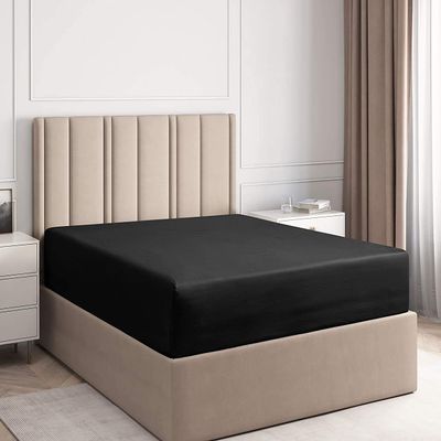 600 Thread Count 100% Egyptian Cotton 3PC Fitted Sheet (1-Fitted Sheet &2-Pillow Cases) Queen XL Black Solid with Elastic All Around Fits Mattress Upto 12 Inches Deep Pocket