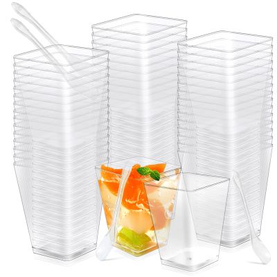 Oomcu 50 Pack 5 oz Square Clear Plastic Dessert Cups with Spoons  Disposable Appetizer Cups for Parties, Yogurt Parfait, Ice Cream, Pudding,Mousse, Salad, Veggies, Snack, Mini Dessert Serving Bowls