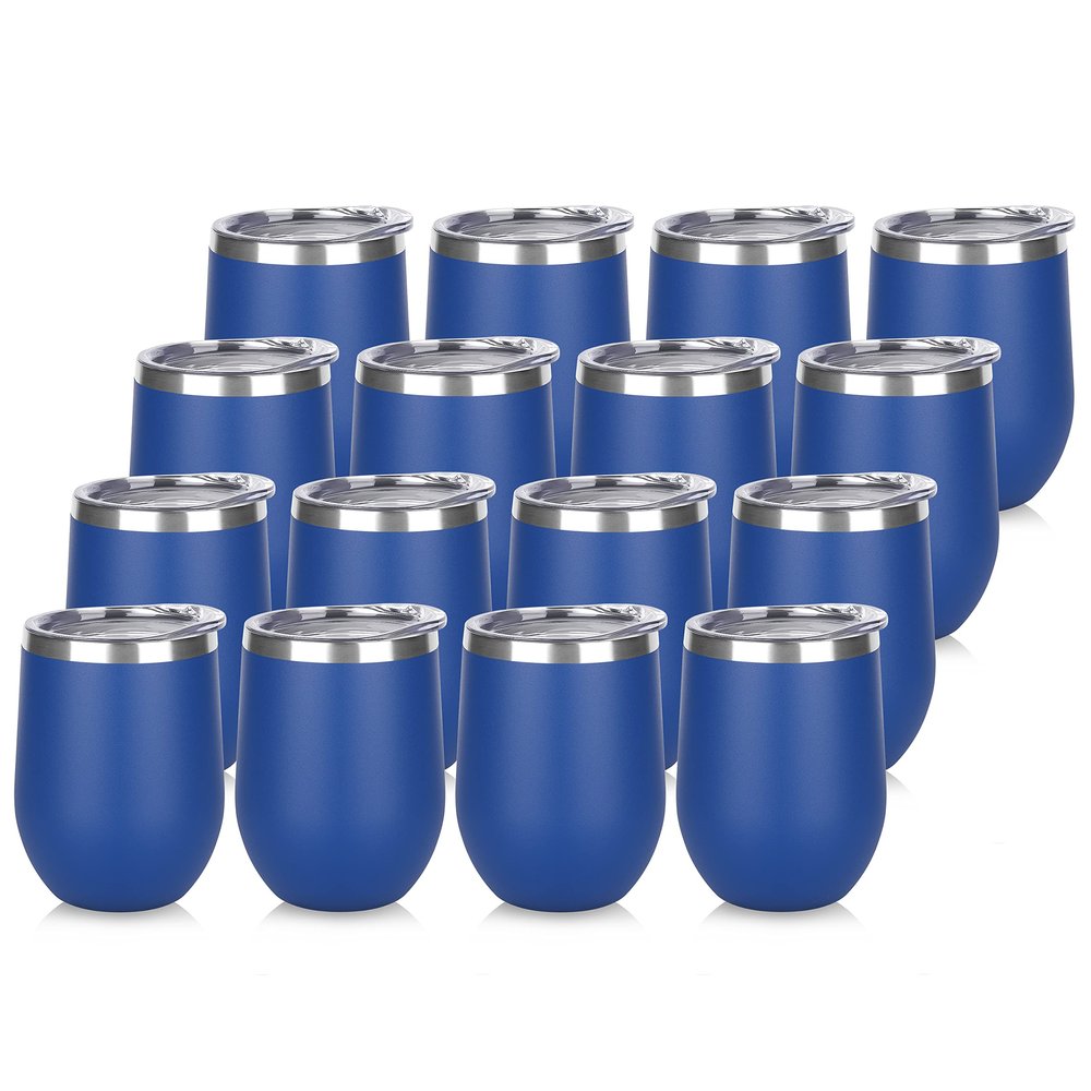 DOMICARE Stainless Steel Wine Tumbler Bulk with Lid, Personalized Insulated Tumblers Set, 12oz Travel Coffee Cups Pack of 16, Dark Blue