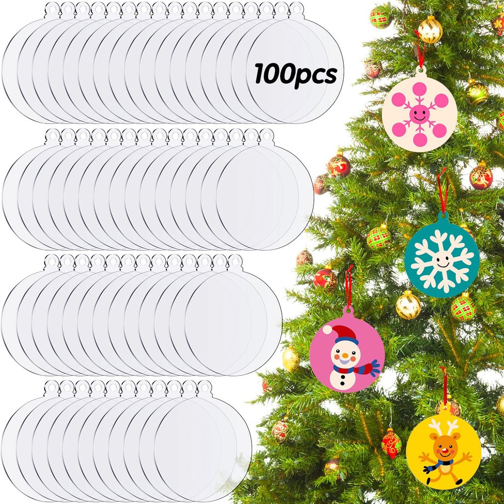 100 Pieces Clear Acrylic Ornament Blanks Bulk 3 Inch Acrylic Discs Ornament Hanging Ornaments Blank for Christmas Tree DIY Crafts(Round)