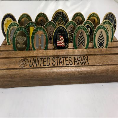 DECOMIL - Challenge Coin Holder, 4 Row Coin Display Case, Coin Display Stand with Armed Forces Emblem Engraved, Army