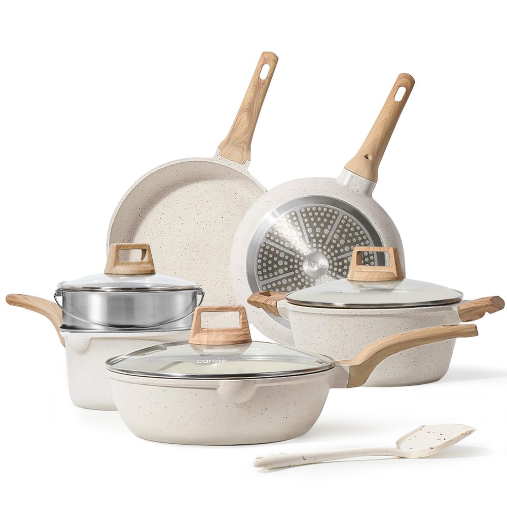CAROTE Pots and Pans Set Nonstick, White Granite Induction Kitchen Cookware Set, 10 Pcs Non Stick Cooking Set w/Frying Pans & Saucepans(PFOS, PFOA Free)