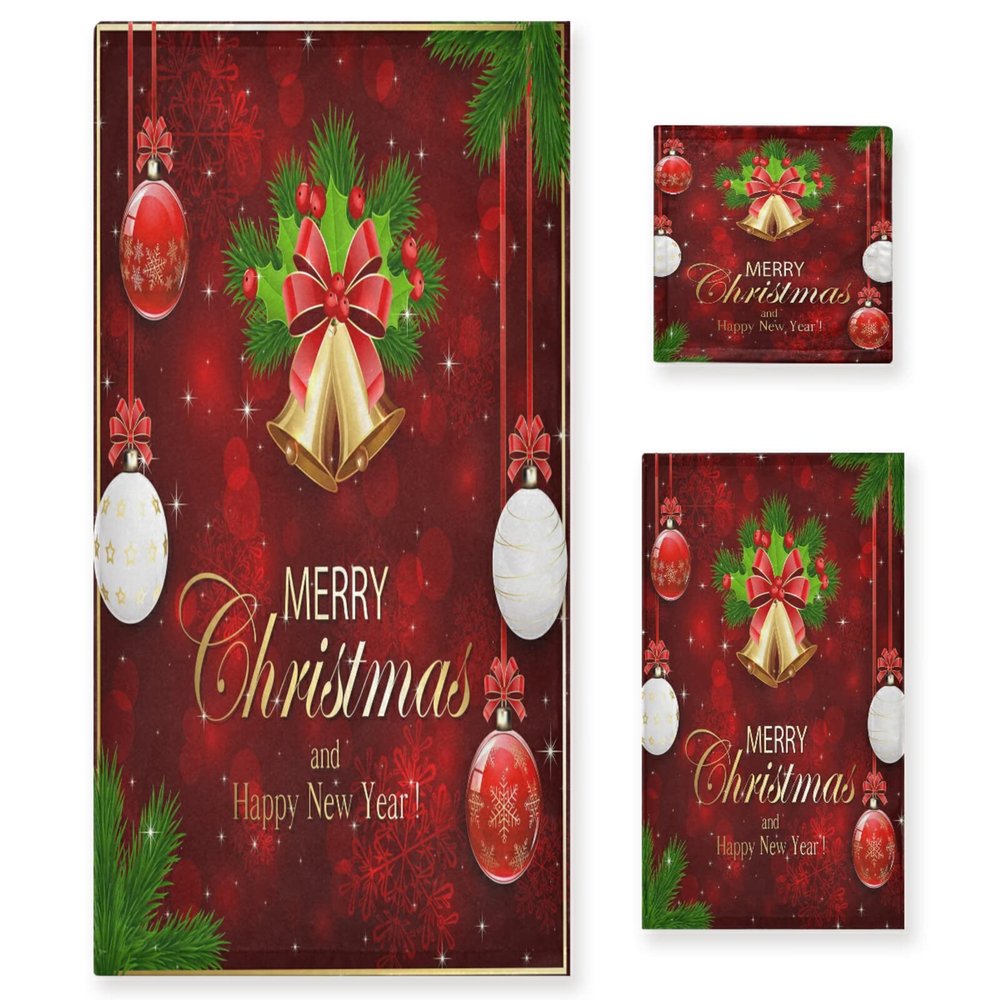 ALAZA Xmas Theme Merry Christmas Golden Bell Snowflake Soft 3 Piece Bath Towels Set for Bathroom Spa Hotel, 1 Bath Towel+ 1 Hand Towel+ 1 Washcloth