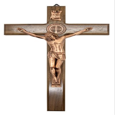 12" Dark Wood St. Benedict Crucifix with Metallic Corpus and Embedded St. Benedict Medals (Copper)
