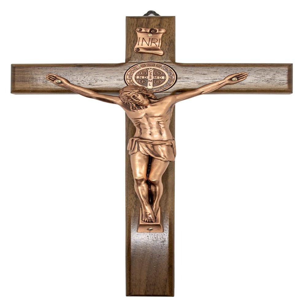 12" Dark Wood St. Benedict Crucifix with Metallic Corpus and Embedded St. Benedict Medals (Copper)